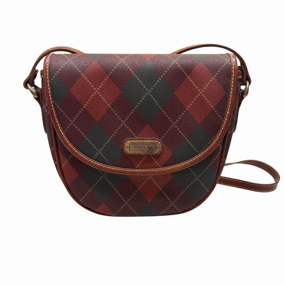 Vintage Y2K Carryland Tartan Plaid Purse Bag Satchel Crossbody Burgundy Green